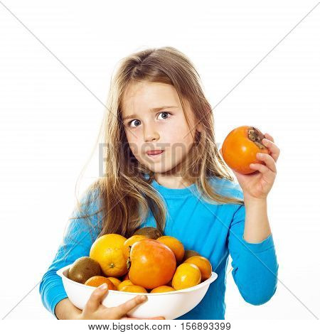 Cute Little Girl With Plate Of Fruits: Kiwi, Date Plum, Mandarins, Etc.