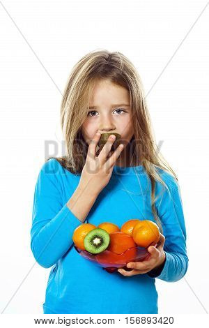 Cute Little Girl With Plate Of Fruits: Kiwi, Date Plum, Mandarins, Etc.