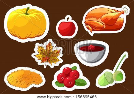 Set of stickers for Happy Thanksgiving Day. Thanksgiving Day badge, icon, template. Apple, cranberry, pumpkin pie or apple pie, leaf, turkey, acorn. Thanksgiving dinner symbol template