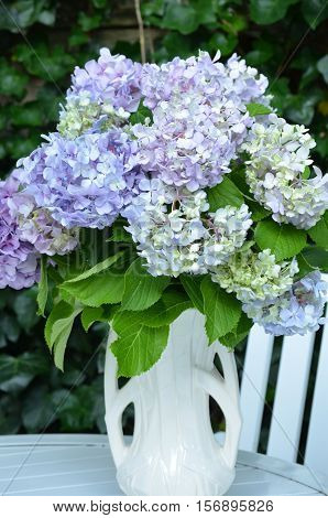 White vase with a group of pale blue hydrangea blossoms flowering.
