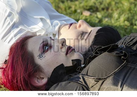 CAGLIARI, ITALY - May 29, 2016: Sunday at La Grande Jatte VIII Ed. At the Public Gardens - Sardinia - portrait of beautiful girls in costumes steampunk