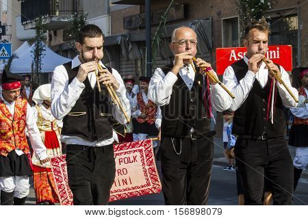 SELARGIUS, ITALY - September 11, 2016: Former marriage Selargino - Sardinia - launeddas musicians parading in traditional Sardinian costume