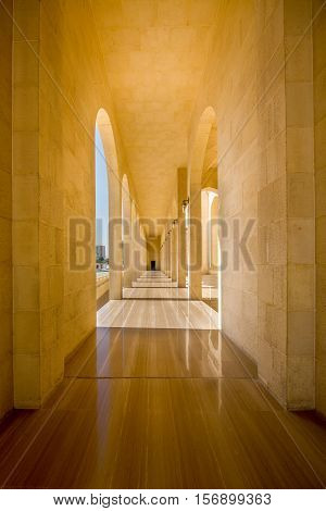 MANAMA, BAHRAIN -  NOV 16, 2016: View of one of the beautiful corridors, laid with marble, in Al Fateh Grand Mosque