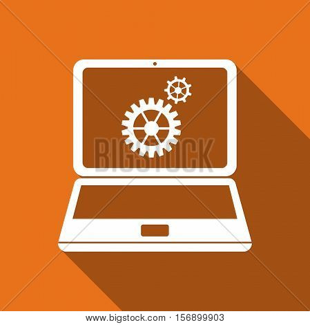 Laptop and gears flat icon with long shadow. Vector Illustration