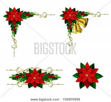 Christmas decoration set with evergreen treess holly and poinsettia isolated