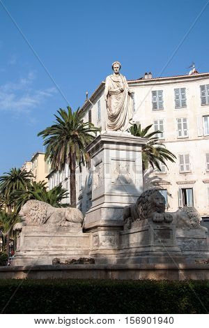 AJACCIO, CORSICA, FRANCE, AUGUST 30, 2016: Statue of Napoleon Bonaparte in Roman garb historical center of Ajaccio