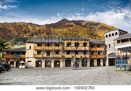 Wood and stone buildings in the very center of Mestia , Square (Piazza), Georgia. Europe. 
