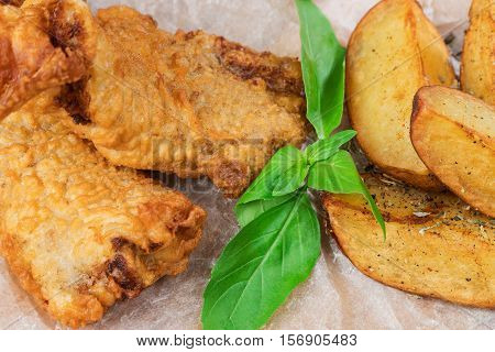 Fried fish in batter with potatoes and tartar sauce served on paper closeup