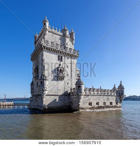 The famous Belem Tower in Lisbon, Portugal. Classified as UNESCO World Heritage it stands as the best example of the Manuelino art.