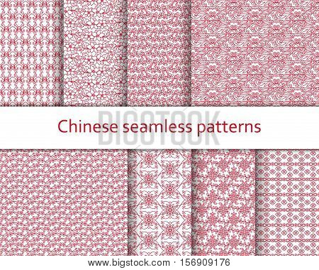 Traditional Chinese seamless patterns set. Detailed decorative motifs. Red and white colors. Vector illustration.