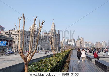 SHANGHAI - FEBRUARY 29: Old buildings and street view in Waitan of Shanghai, China, February 29, 2016.