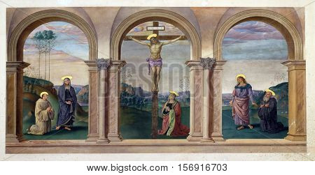 ZAGREB, CROATIA - APRIL 13: Eduard Kaiser: Copy by Pietro Perugino - triptych with the crucifix, exposed in the Croatian Academy of Sciences and Arts in Zagreb, on April 13, 2016.