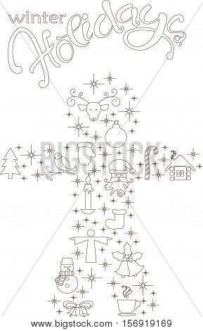 Typography banner with stylized black gingerbread and hand drawing lettering Winter Holiday on white, stock vector illustration