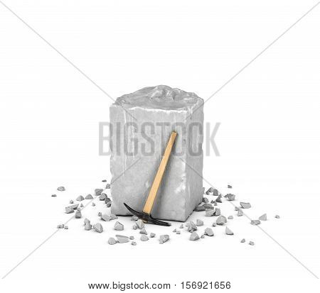 3d rendering of a big rectangular block of gray rock, its chips and a pick isolated on the white background. Mineral extraction. Traditional mining and equipment. Stone carving.