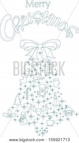 Typography banner with stylized blue bell and hand drawing lettering Merry Christmas on white, stock vector illustration