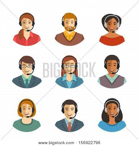 Call center agents flat avatars. Live chat operators guys and girls smiling faces. Online customer support service assistants with headphones. Help desk Caucasian African Asian consultants