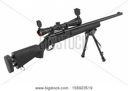 Rifle sniper black with optical scope and bipod. 3D rendering