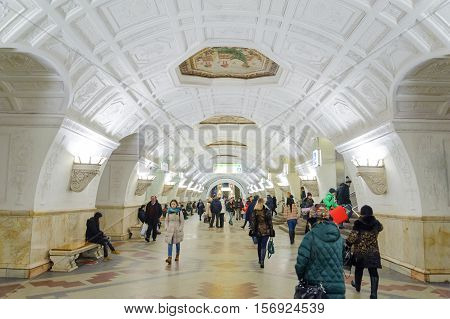 MOSCOW - NOVEMBER 14: People walk at Belorusskaya station on November 14 2016 in Moscow Metro. Belorusskaya station is on Koltsevaya Line of Moscow Metro.
