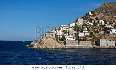 View Cape of Hydra island, Aegean sea, Greece.