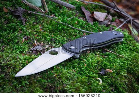 Pocket Knife On A Green Background. Moss.