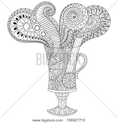 Vector glass of hot wine in zentangle, doodle style. Hand drawn Christmas Gluhwein illustration for adult coloring pages, cafe's chalck board, invitation. Hot beverage with steam. Nonochrome sketch.
