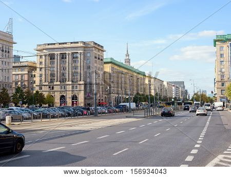 WARSAW POLAND - SEPTEMBER 26: General view on Marszalkowska and Plac Konstytucji streets in city center of Warsaw Poland on September 26 2016.