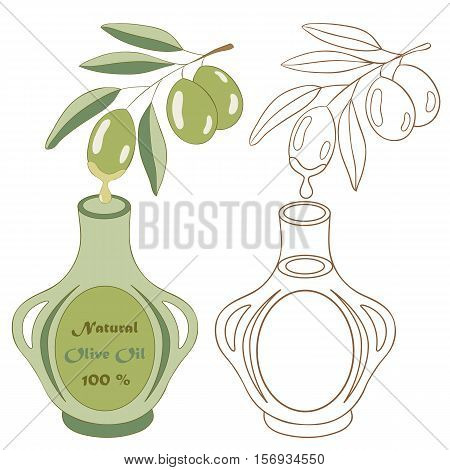 Vector illustration of olive branch with olive fruits and bottles. Logo template