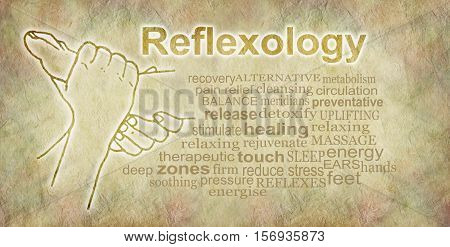 Rustic Reflexology Word Cloud Banner - outline illustration of a pair of hands holding a foot beside a reflexology word cloud on a sand colored parchment stone effect background