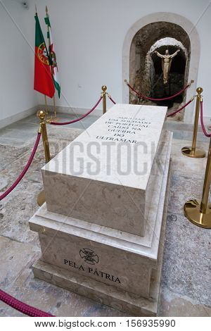 Lisbon, Portugal. October 31, 2016: Tomb with the remains of a fallen unknown soldier in the Memorial Chapel of the Monumento aos Combatentes do Ultramar - Ultramar Combatants Monument