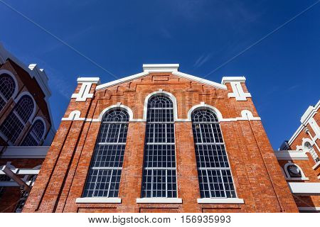 Lisbon, Portugal. October 31, 2016: Architecture detail of the Central Tejo, the early 20th century power plant converted into Electricity Museum