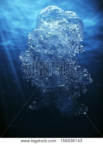 Bubbles undersea and sun rays. 3d rendering