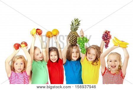 Group of happy children with fruits isolated on white