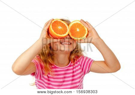 Happy child with orange isolated on white