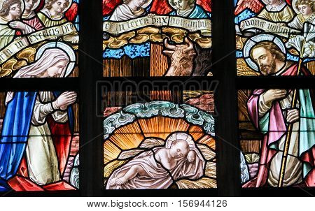 Stained Glass - Nativity Scene At Christmas