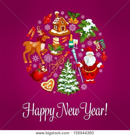 Happy New Year. Vector greeting card with round shape circle of winter christmas holiday symbols christmas tree ornaments, santa with gifts bag, reindeer, gingerbread house, holly wreath, snow, poinsettia star flower, snowflake, candy cane, fir cone, cloc