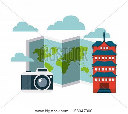 world map and camera photographic with chinesse iconic building over white background. vector illustration