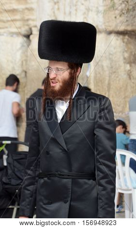 JERUSALEM ISRAEL 26 10 16: Jewish hasidic pray a the Western Wall, Wailing Wall the Place of Weeping is an ancient limestone wall in the Old City of Jerusalem. Second Jewish Temple by Herod the Great