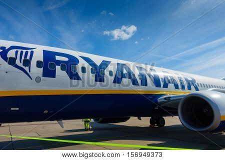 Berlin, Germany - September 20. 2016: Aircrafts of low cost airline company Ryanair in Schonefeld Airport