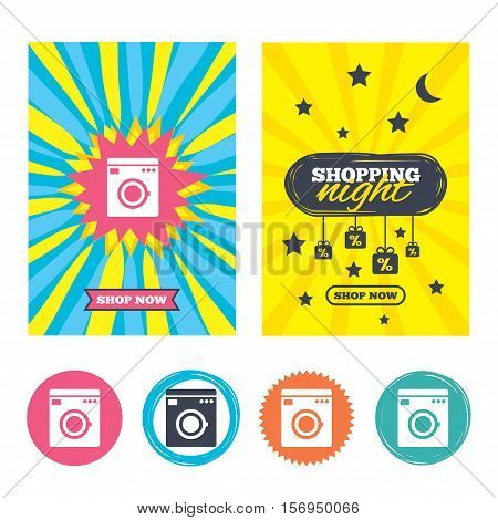 Sale banners, online shopping. Washing machine icon. Home appliances symbol. Shopping night. Vector