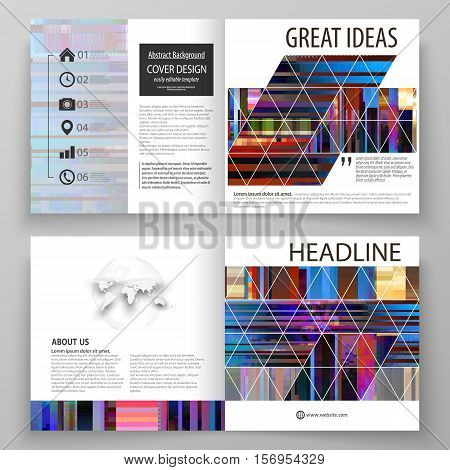 Business templates for square design bi fold brochure, magazine, flyer. Leaflet cover, abstract vector layout. Glitched background made of colorful pixel mosaic. Digital decay, signal error, television fail. Trendy glitch backdrop.