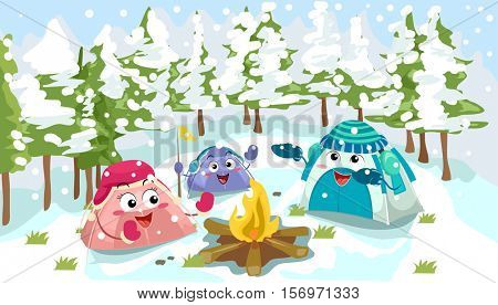 Mascot Illustration of a Group of Camping Tents Gathering Around a Bonfire to Fight the Cold