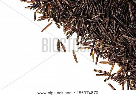 Border of black rice close-up on white background. Isolated. Decorative frame of wild brown unpolished rice.