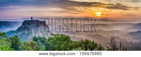 Big Panorama Of Of Bagnoregio At Dusk In Italy