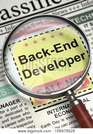 Back-End Developer - Job Vacancy in Newspaper. Column in the Newspaper with the Jobs Section Vacancy of Back-End Developer. Job Seeking Concept. Selective focus. 3D Render.