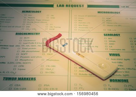 Lab request for HIV test and Hepatitis C virus test,Result HIV and HCV negative cassette test,Vintage tone