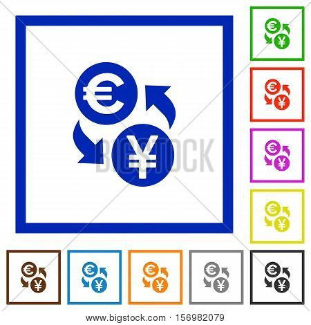 Euro Yen exchange flat color icons in square frames
