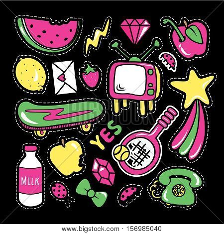 Stickers collections in pop art style isolated onblack background. Trendy fashion chic patches pins badges design set in cartoon 80s-90s comic style. Vector illustration.