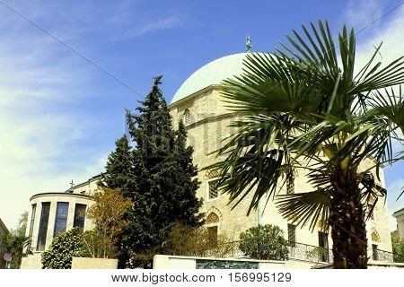 Former mosque, now again is church and museum with palm tree in Pecs, Hungary.