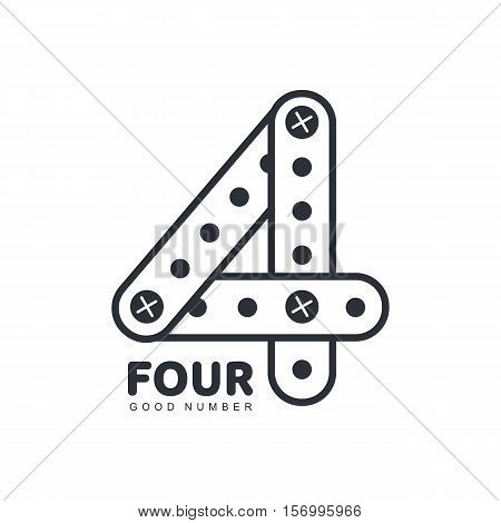 Black and white number four logo template made of straight and curved strips, vector illustration isolated on white background. Black and white number four graphic logotype of erector details