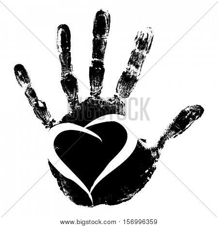 Concept conceptual cute paint human hand or handprint of crew hild with heart shape isolated on white background